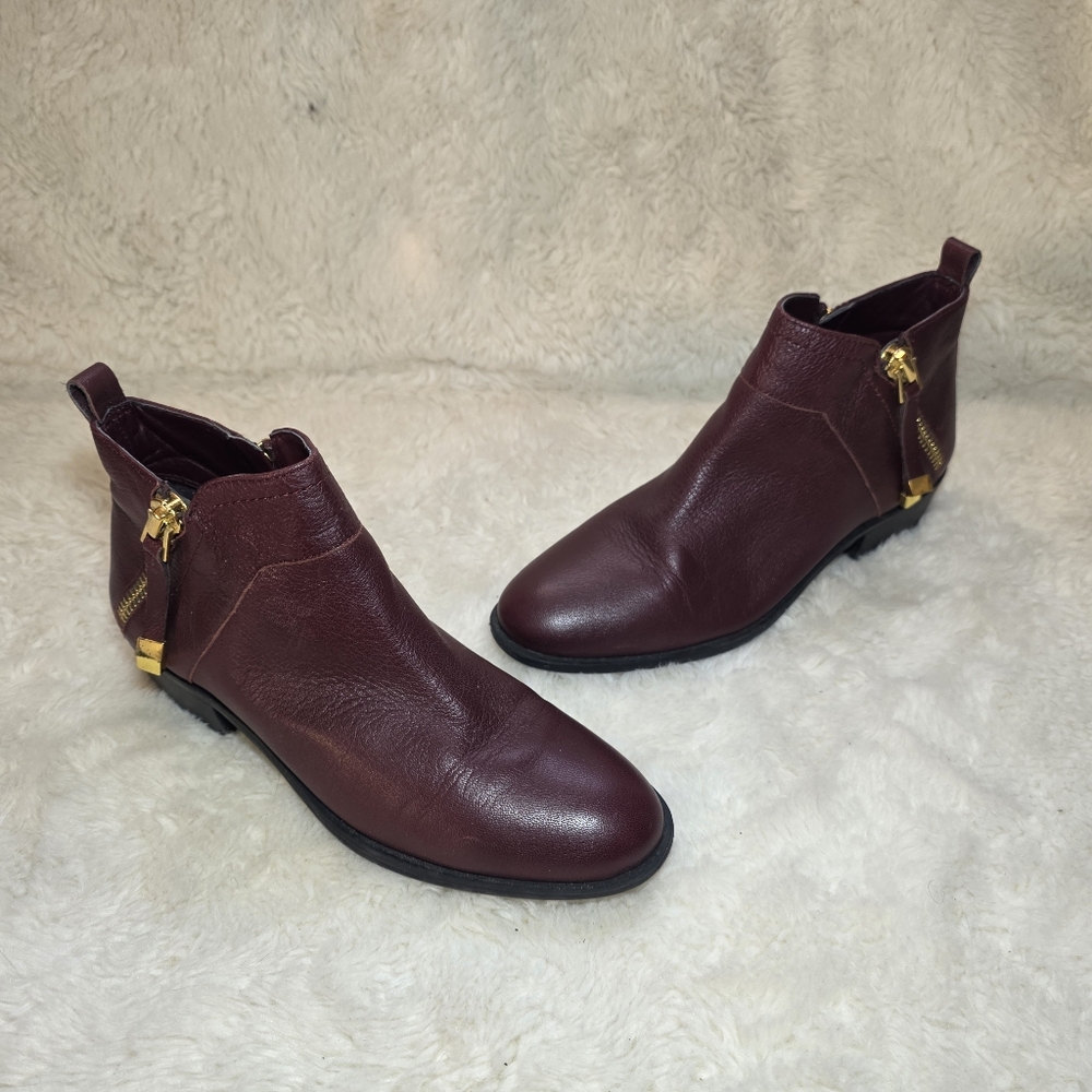 Franco Sarto Sondra Wine Burgundy Leather Double Zip Ankle Booties Low Heel 7.5M